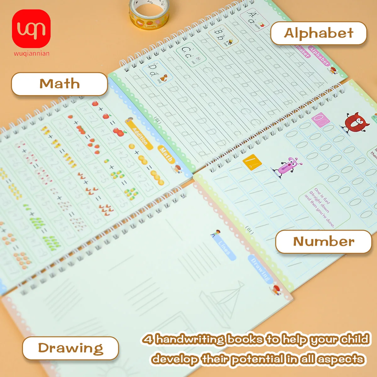 WQN-4PCS Magic Copybook English Reusable Writing Practice Book English Handwriting Calligraphy Stationery Supplies