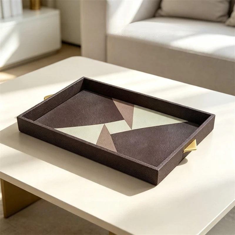 Geometric Pattern Leather Serving Tray Rectangular Decor Storage Tray Coffee Cosmetic Jewelry Organizer Tray Bedroom Bathroom