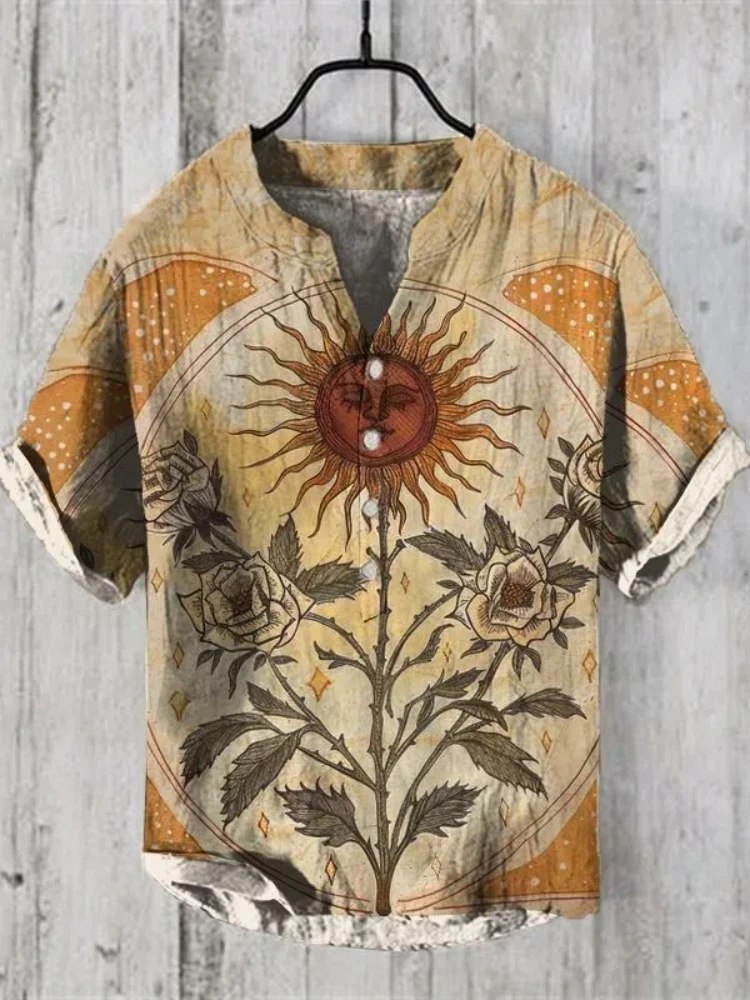 Hawaii Retro Art Pattern Printed men's 2025 New Short Sleeved Linen Button Up Shirt European And American Popular Top