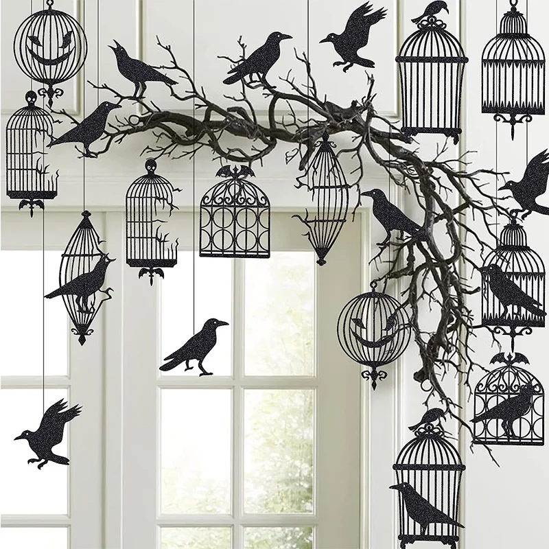 24Pcs Black Crow Cage Gothic Halloween Tree Decoration Hanging Raven Bird Cage Banner Centerpiece Horror Birthday Party Supplies