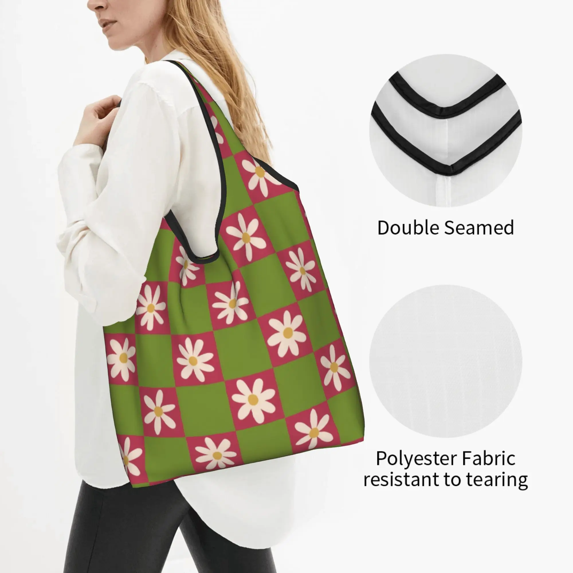Daisy Watermelon  Grocery Tote Shopping Bag Women Fashion Checkerboard Flowers  Shoulder Shopper Bag Big Capacity Handbag