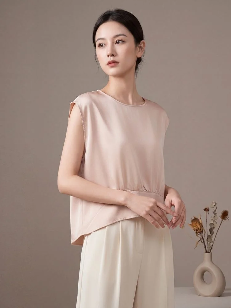 Birdtree, 19MM 100% Real Silk Tshirt, Sleeveless O-neck Tops, Women Sand Wash Plain Satin Solid Shirt, 2026 Summer New T65001JF