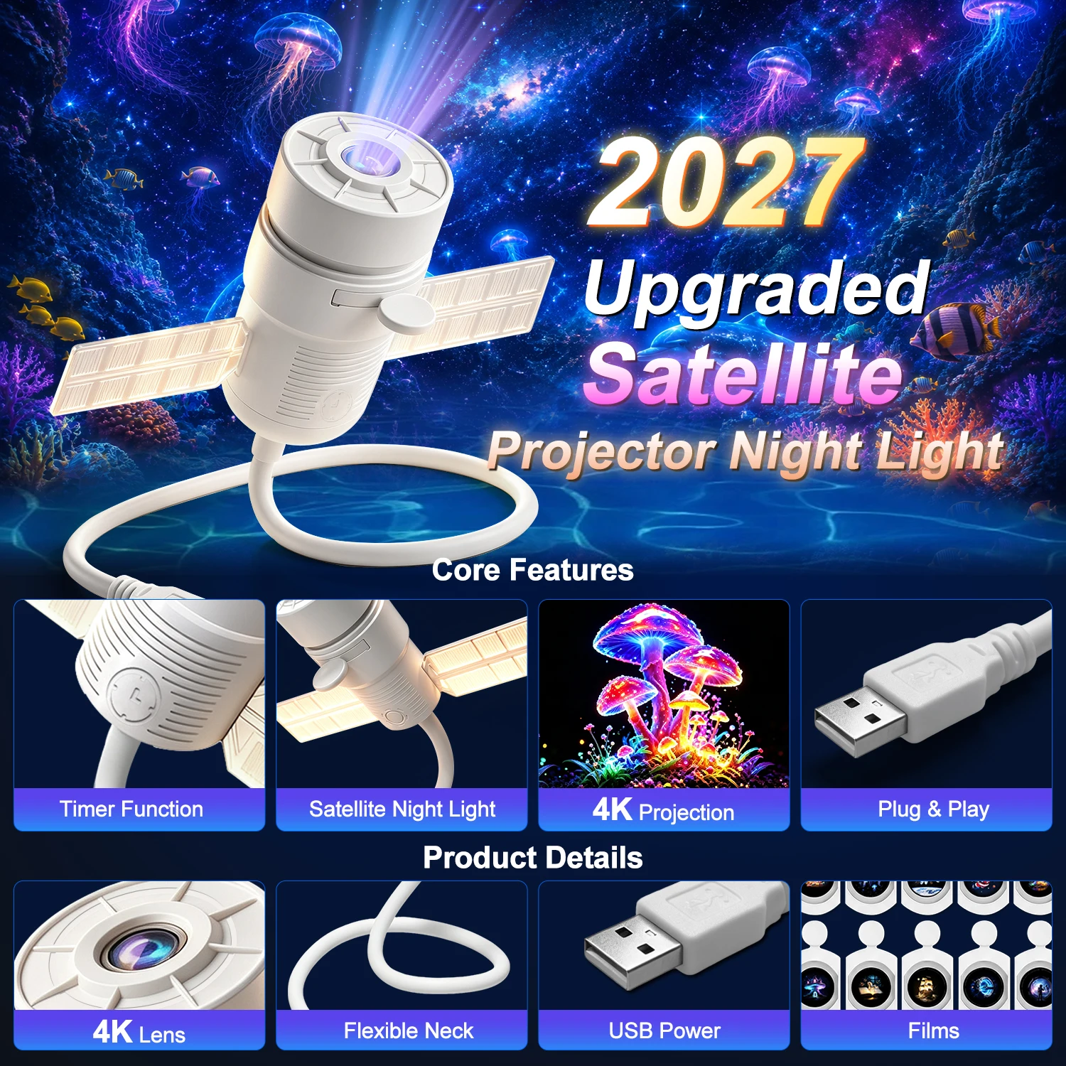 2027 NEW 2-in-1 Astronaut Starry Sky Projector, Night Light for Car Bedroom Atmosphere Decor Lamp Halloween Christmas Gifts