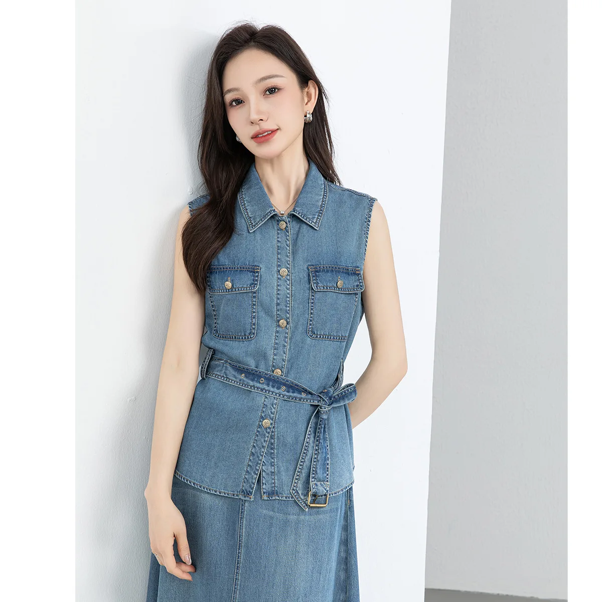 

Loose Fit Denim Vest And Skirt Set with Belted Waist And Collarl Svel Top Versatile Commute for Women Summer Outfit