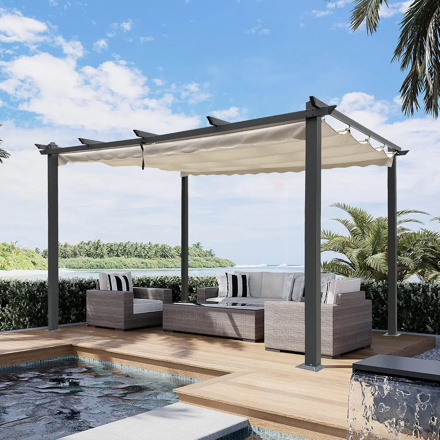 13'x10' Aluminum Pergola with Retractable Canopy, Backyard Shade Shelter for Porch Garden Grill Party, Beige, Customized