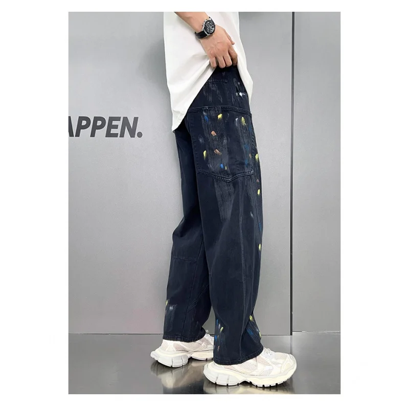 Washed Dyed Hand-Painted Jeans Men's Street Trend American Style Loose Straight Wide Leg Hip Hop Mop Trousers