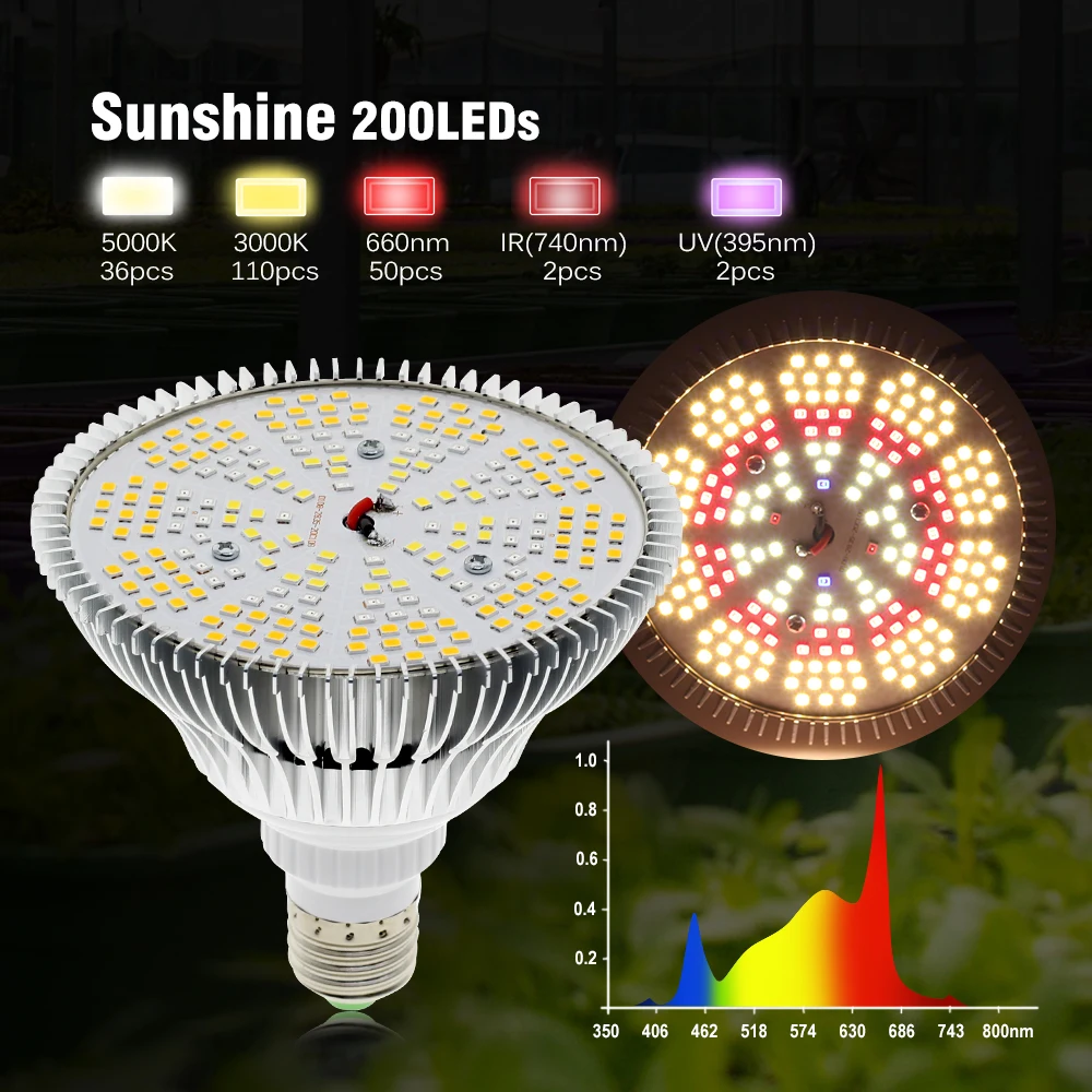 Bombilla LED de espectro completo para cultivo, luz solar para plantas con interruptor de sincronización, cable/trípode para tienda de campaña,