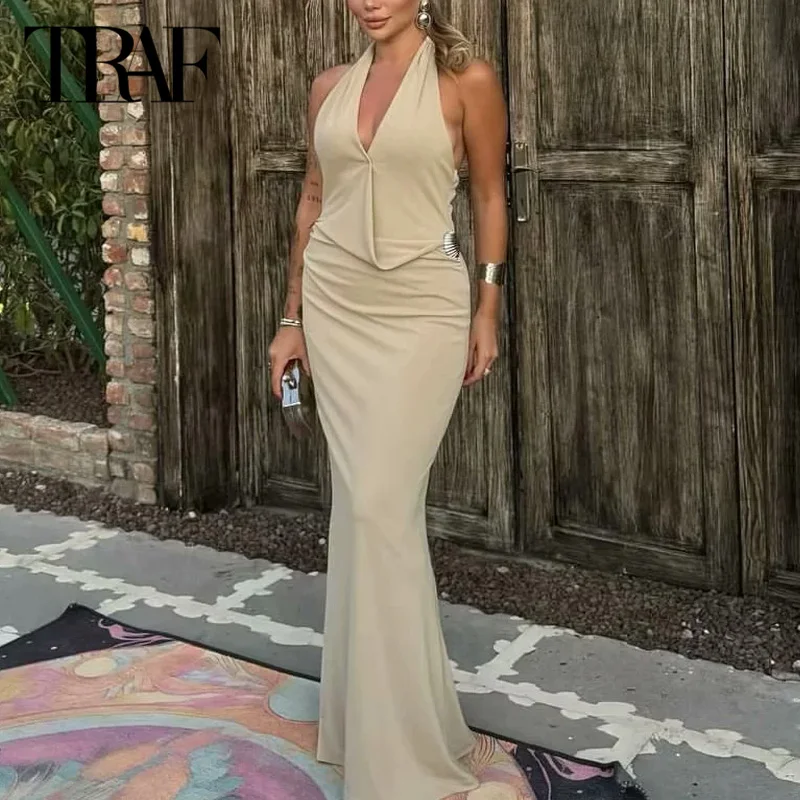 TRAF Long Dresses 2024 Summer Elegant Party Evening Halter Dresses Ladies Fashion Backless Sleveeless Shell Khaki Dress