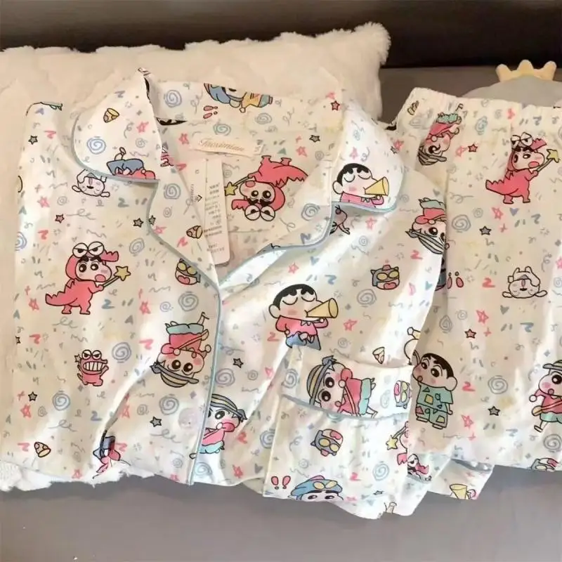 Spring Autumn Women Cartoon Sleepwear Crayon Shin-Chan Long Sleeve Pants Pajamas Ladies Homewear Leisure Comfortable Outer Wear