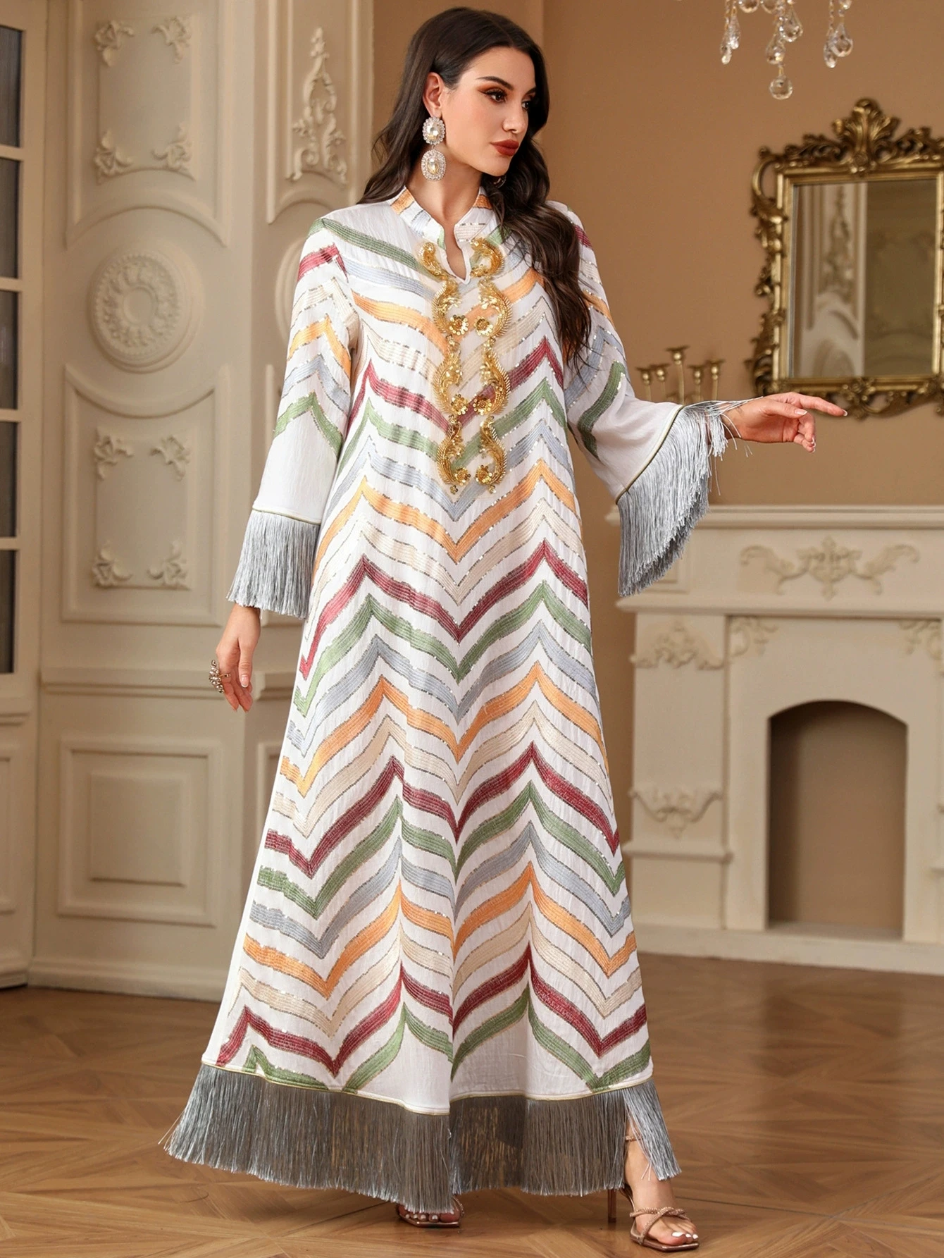 

Saudi Arabian Muslim Fashion Women's Elegant Robe Dubai Bead Embroidery tassel Islamic Ramadan Solid Color Long Sleeve Dress