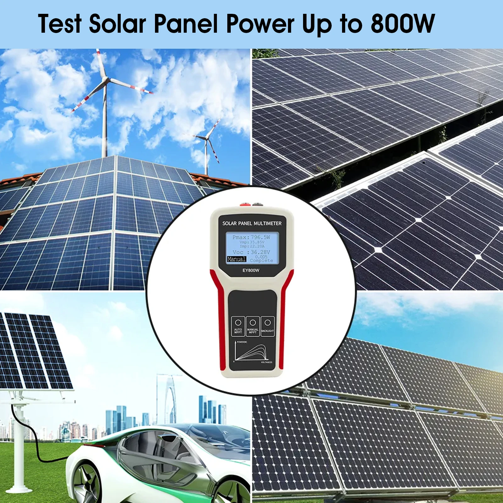 Solar Panel Tester Photovoltaic Multimeter with Ultra Clear LCD Troubleshooting Utility Tool for Solar PV Testing (LCD 800W)