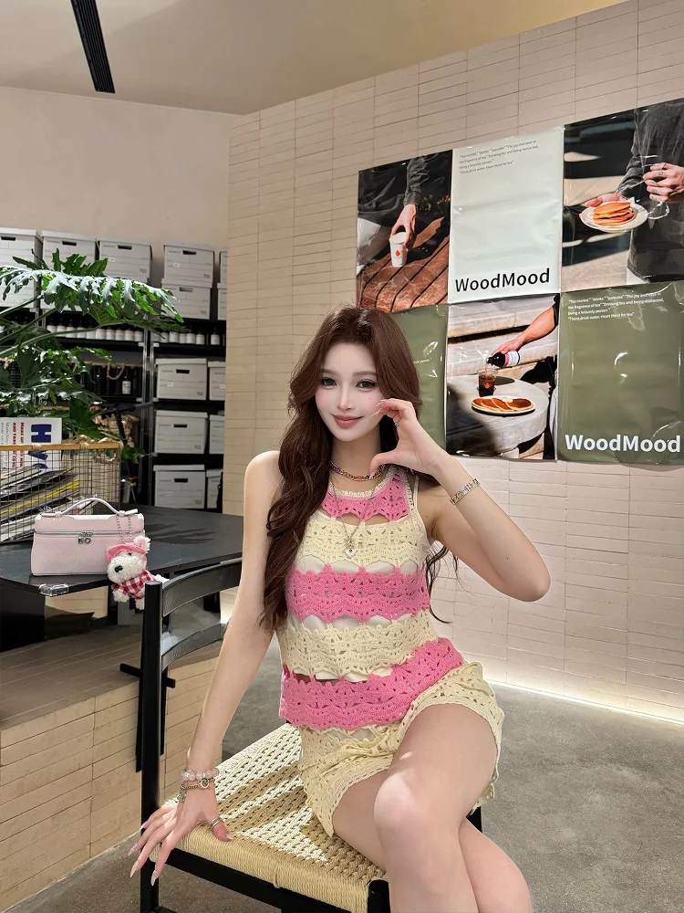 

JONI Summer Sweetened White Pink Mixed Yarn Heavy Embroidery Hook Flower Hollow Lace Set Women's Fashion Ensemble