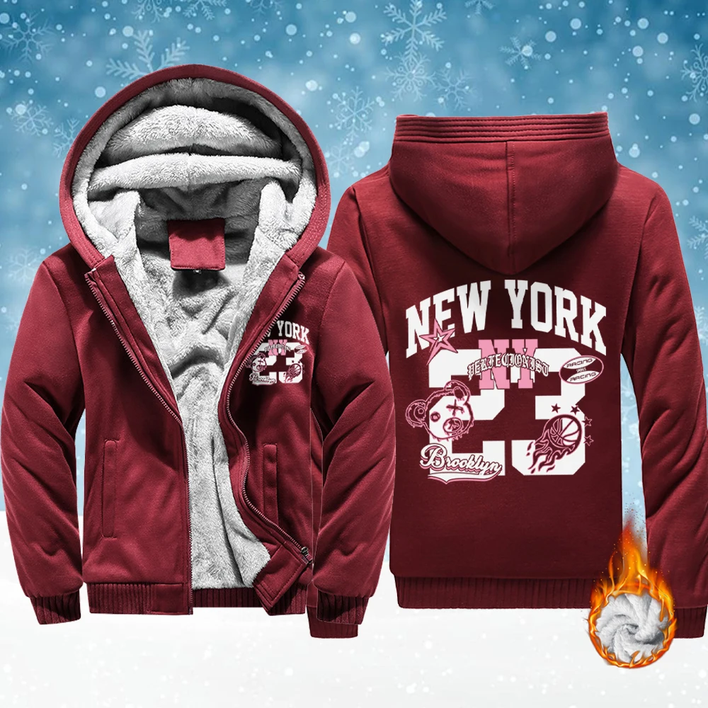 

New York Number 23 Creative Print Man Fleece Basics Jackets Thicken Winter Coat Pocket Zip-Up Sportswear Warm Comfy Outwear