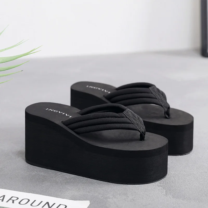 Female Flip Flops Women Summer Sandals Beach Women's Slippers 9 cm High Heel Shoes For Women Black Platform Wedge Slippers