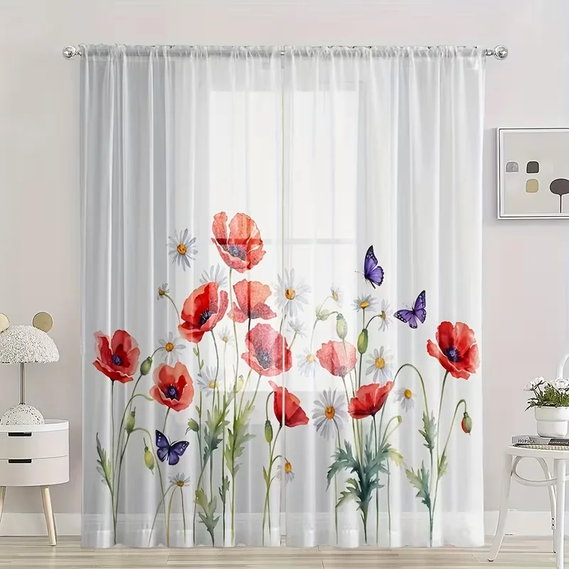 2PC Watercolor Red Poppy Daisy Butterfly Sheer Curtains - Boho Chic Light Filtering Window Drapes for Bedroom LivingRoom Decor