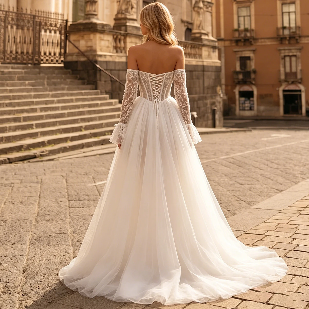 Luxury Tulle Puffy Wedding Dress With Slit Vestidos Novia Appliques Lace Bridal Party Gown With Train Long Sleeve Ball Gown