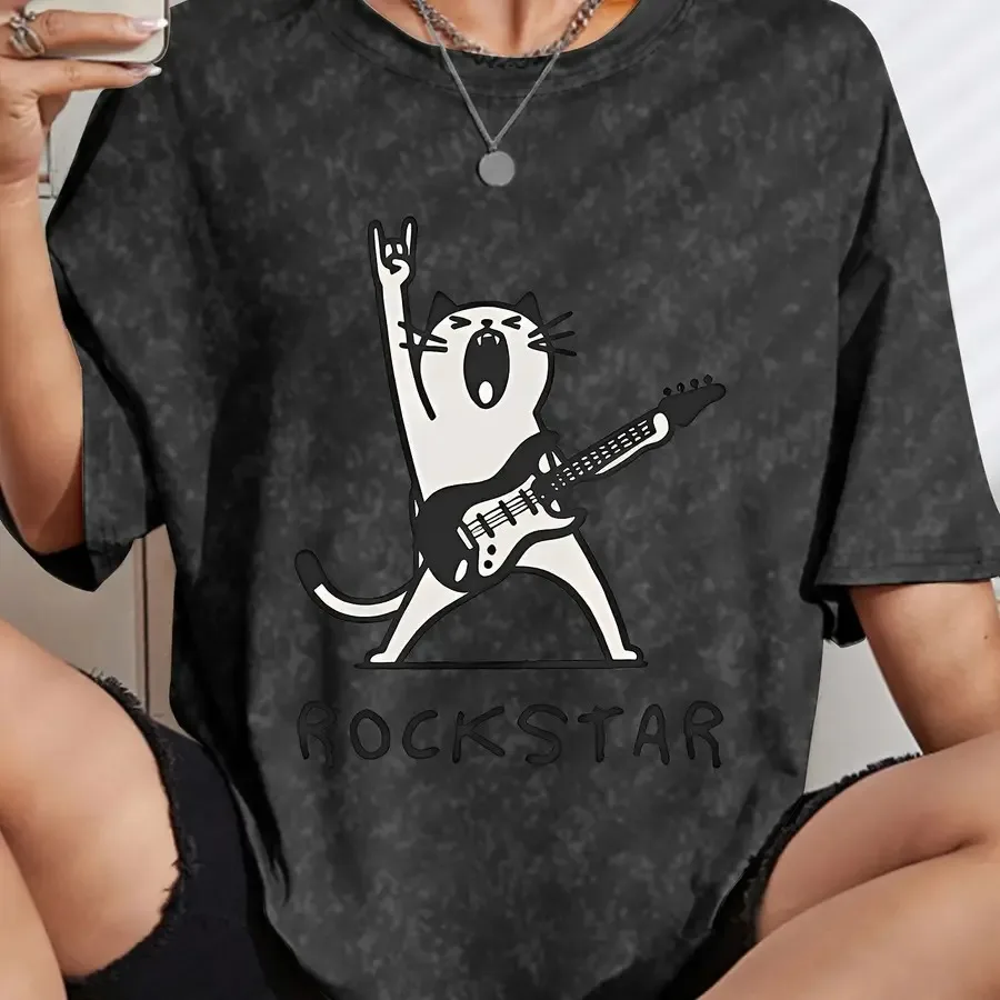 Camiseta de Verano Linda y Sexy para Mujer, Negra y Gris, con Estampado de Gato Rockero, Cuello Redondo, Estilo Casual Diario, Elegante, Moderno y Vintage Mujer