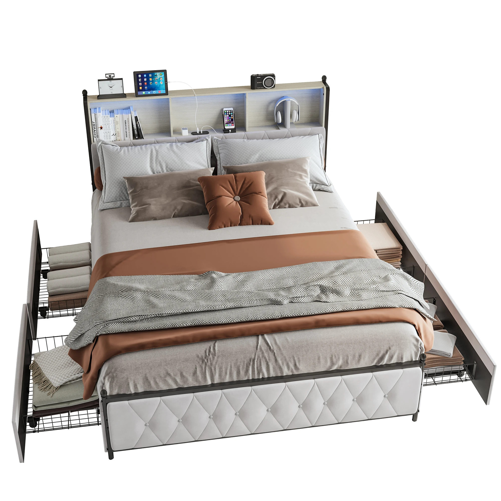 Fangange gestoffeerd bed 180x200cm met opbergruimte, tweepersoonsbed met LED en USB, jeugdbed met 4 lades, fluweel - afbeelding 2