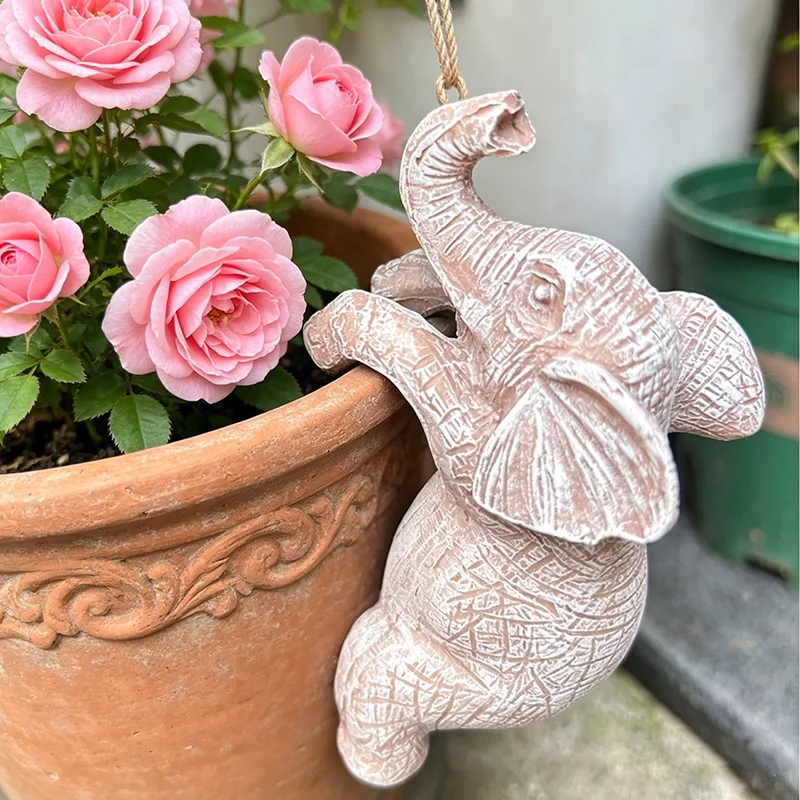 Resin Elephant Pot Hanger Statue, Cute Animal Hanging Ornament for Garden & Flower Pot Decor