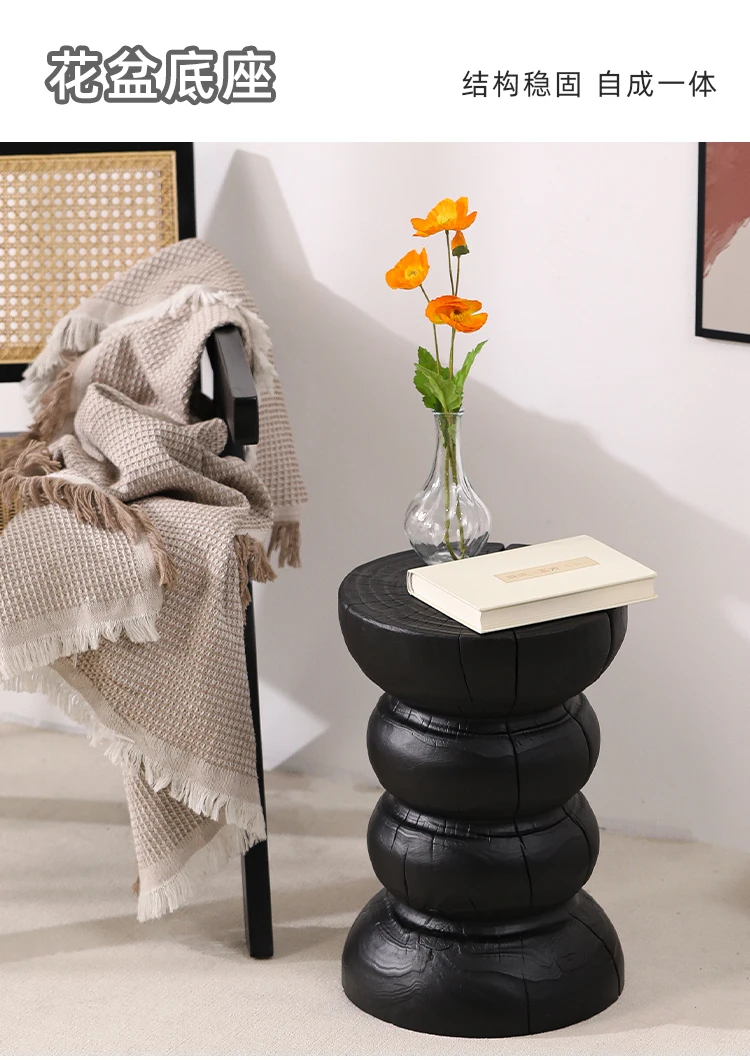 Wabi-Sabi Charred Wood Side Table Handcrafted Tree Stump Stool with Natural Texture Bedside Coffee Table for Home Decor