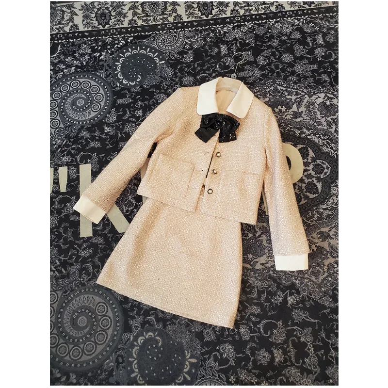 Setelan jas wanita pita manis wangi kecil musim gugur musim dingin mantel lengan panjang berpayet + rok Fashion wanita kantor Tweed Set dua potong