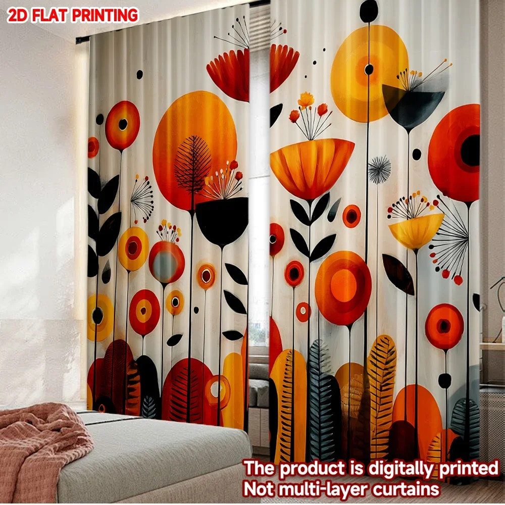 2pcs Tropical Flower Curtains  Vibrant Orange Red Yellow Blossoms with Black Leaves on Light Background for Living Room