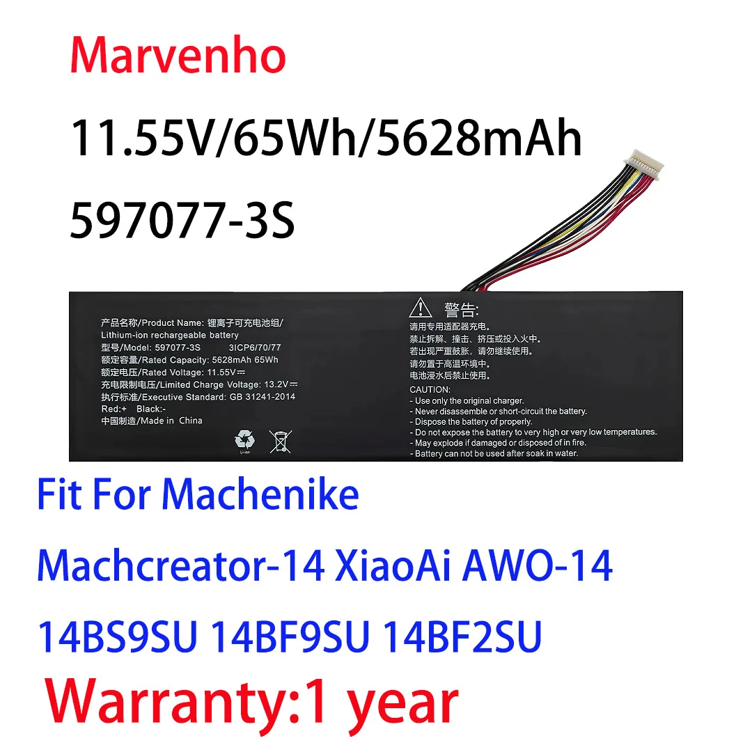 New Marvenho 65Wh 11.55V 597077-3S Laptop Battery For Machenike Machcreator-14 XiaoAi AWO-14 14BS9SU 14BF9SU 14BF2SU