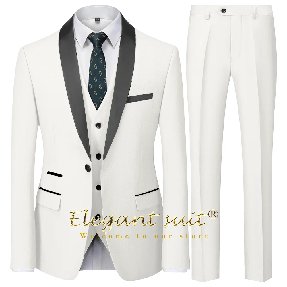 

Men's ivory shawl collar single-button coat and dress 3-piece set (jacket + vest + trousers) custom men's wedding tuxedo