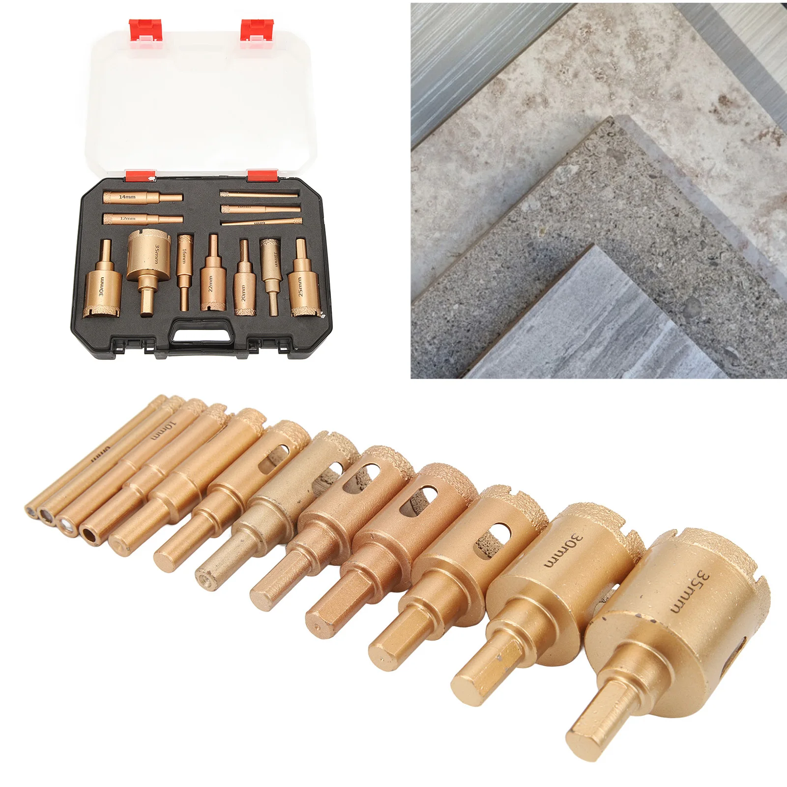 

12Pcs Brazed Hole Saw Drill Bit Set for Dry Wet Cut Hole Opener Tool - Suitable forGranite Marble