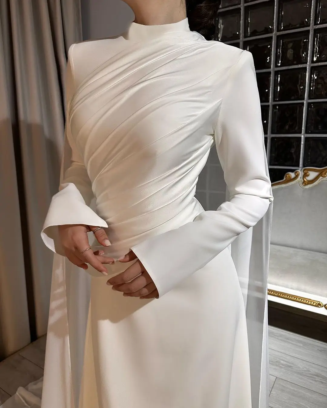 

FLORINE TULIRAIN O-neck Full Sleeve Ruffle Sheath White Satin Simple Wedding Evening Dress Cocktail Prom Gown For Sexy Women