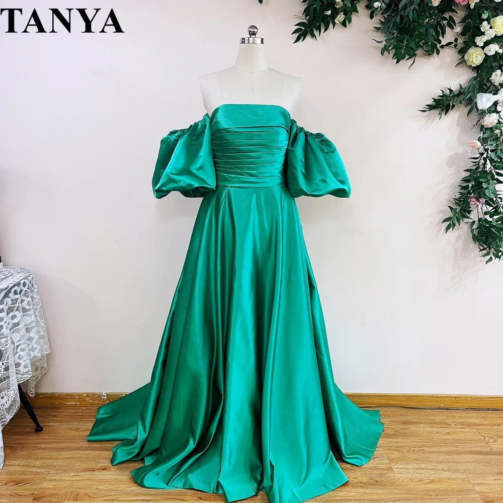 Teal Green Long Evening Dress With Puffy Removable Sleeves A Line Floor Length Formal Lady Dress Real Photo