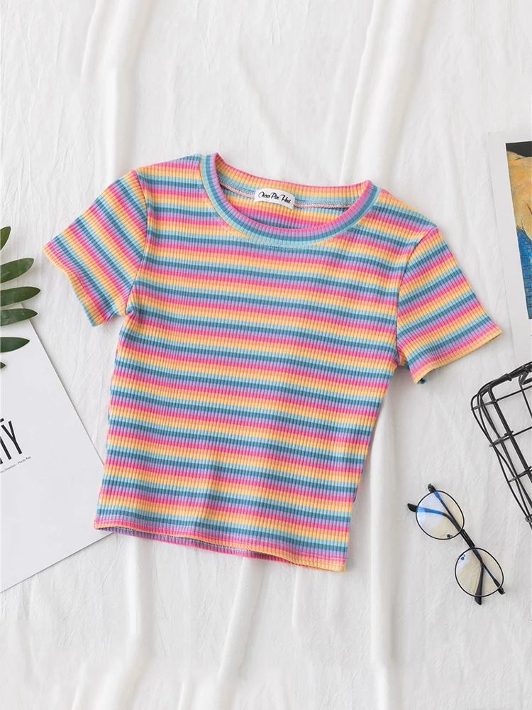 New T Shirt Women Rainbow Striped Tops Slim Fit t shirt Harajuku Tshirt Summer Short Sleeve Korean T-shirt feminina Clothes Tops