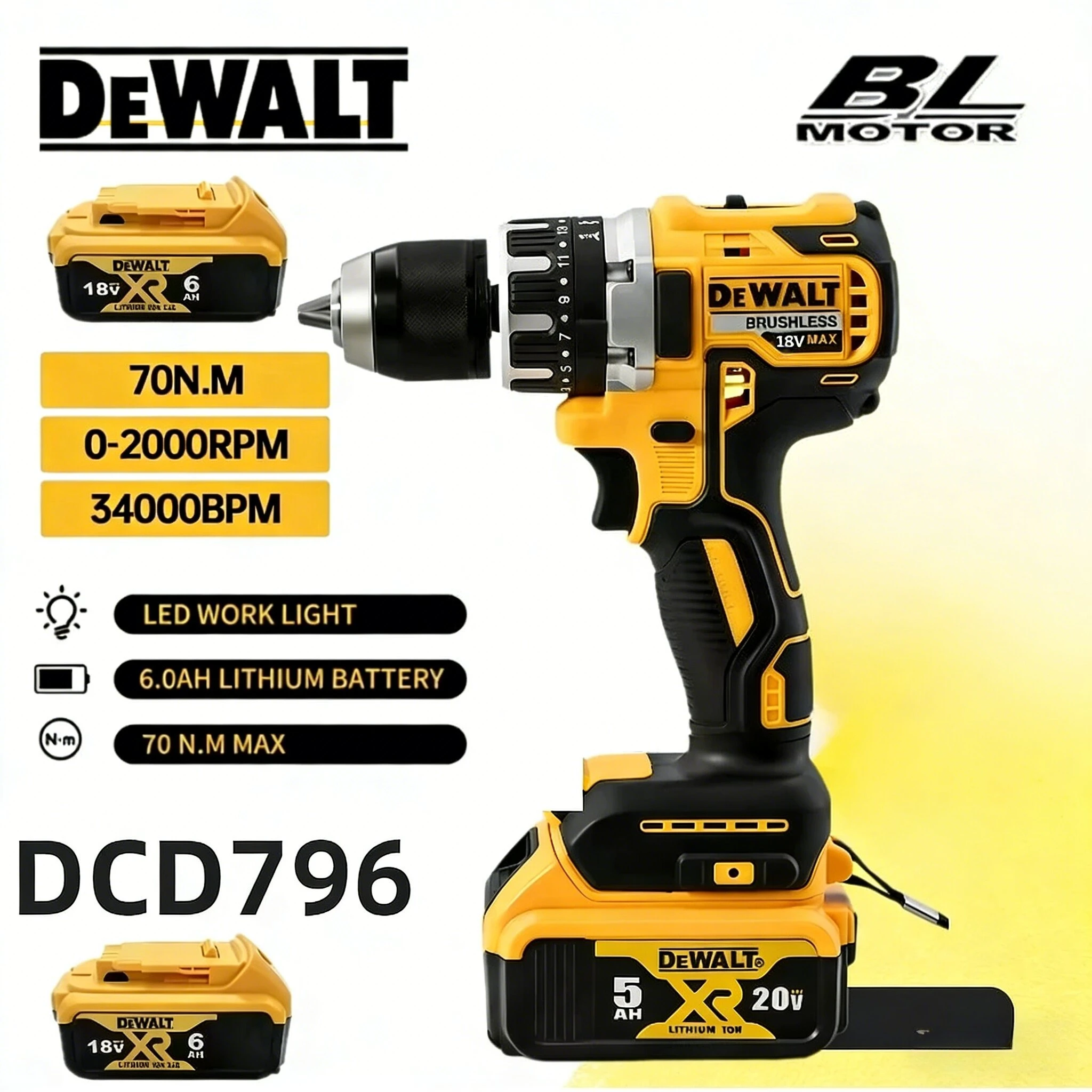 Dewalt Cordless DCD796 Impact Electric Drill Multifunctional Screwdriver Rechargeable 18v Power Tools Brushless Motor