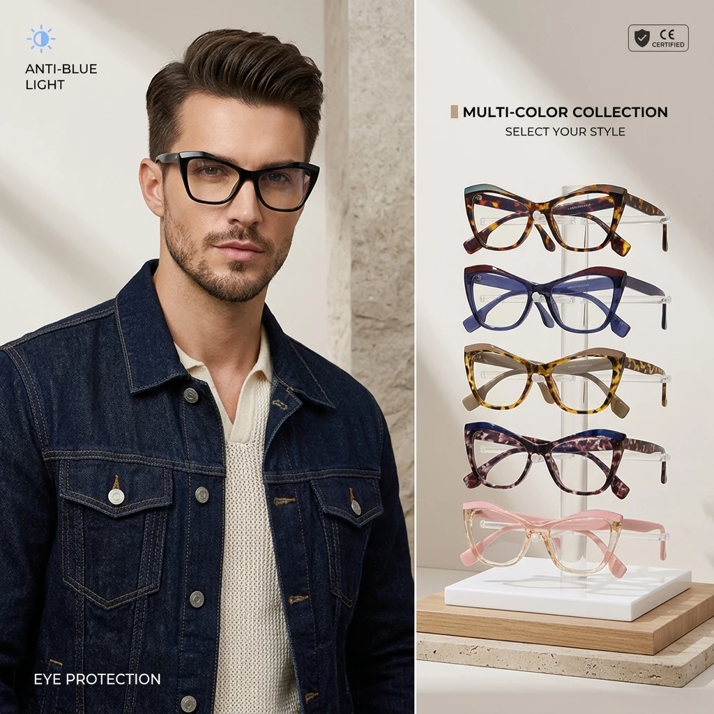 Katzenaugen Anti-Blaulicht-Brille für Damen und Herren Farbblockierung Großer Rahmen Brillen Transparente Gläser Vintage Computer-Optikbrille