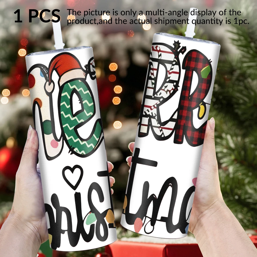 1pc 20Oz stainless steel straight cup with straw lid Merry Christmas text elements suitable for Christmas and Halloween as gifts