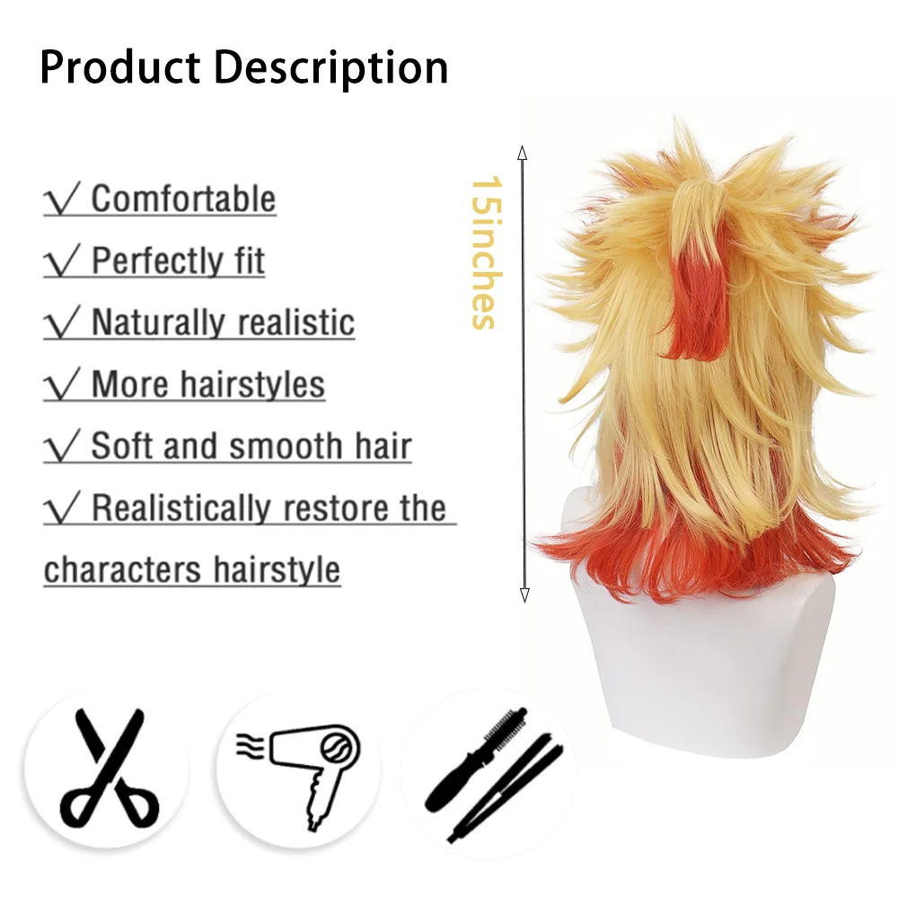 أنيمي رينجوكو كيوجورو شعر مستعار صناعي متدرج باللونين الأصفر والأحمر لكل من الرجال والنساء، شعر مستعار مقاوم للحرارة للحفلات اليومية #2