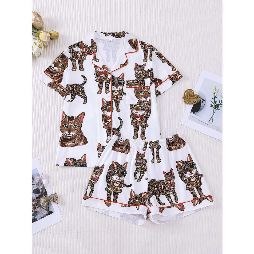 

Cute Women's Pajamas Leopard-patterned Cat Kitty Print Lapel Short Sleeves Shorts Pants Home Wear Set Valentine's Day Gifts