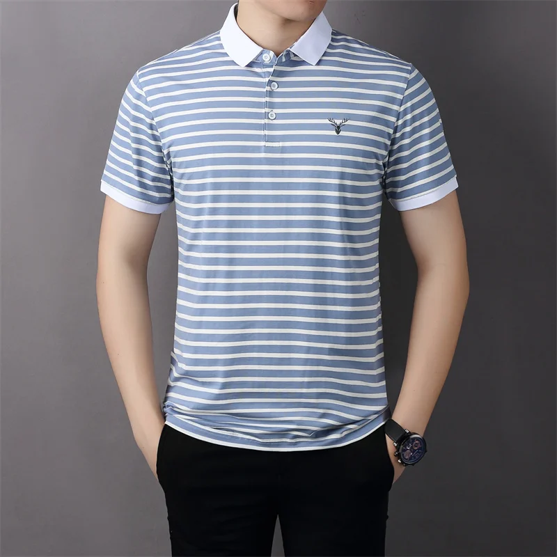 

AISHUNP Polos De Hombre Embroidery Antler Striped High Quality Cotton T Shirt Short Sleeve Tee Fashion Hot Sell Polo Shirt