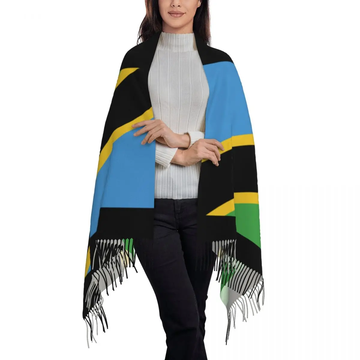 Personalized Printed Tanzania Flag Long Pile Fringe Men Scarf Women\'S Anti Chill Scarf