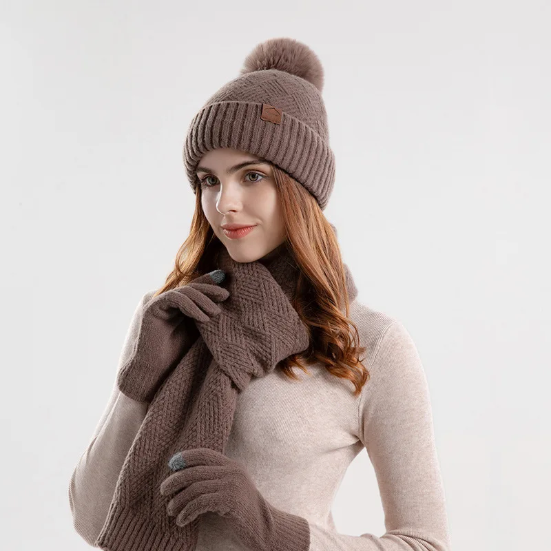 Inverno feminino manter quente conjunto forro de lã gorro telefingers luvas engrossar cachecol natal malha silenciador bobble chapéu atacado