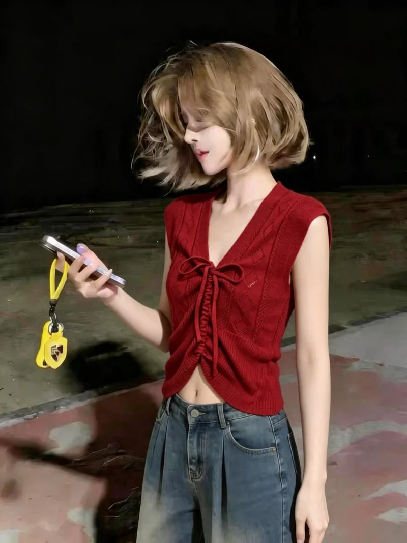 

Korean Style Slim Fit V-Neck Sleeveless Knitted Top Women's Summer New Pure Desire Fashion Outerwear Shirt Drawstring