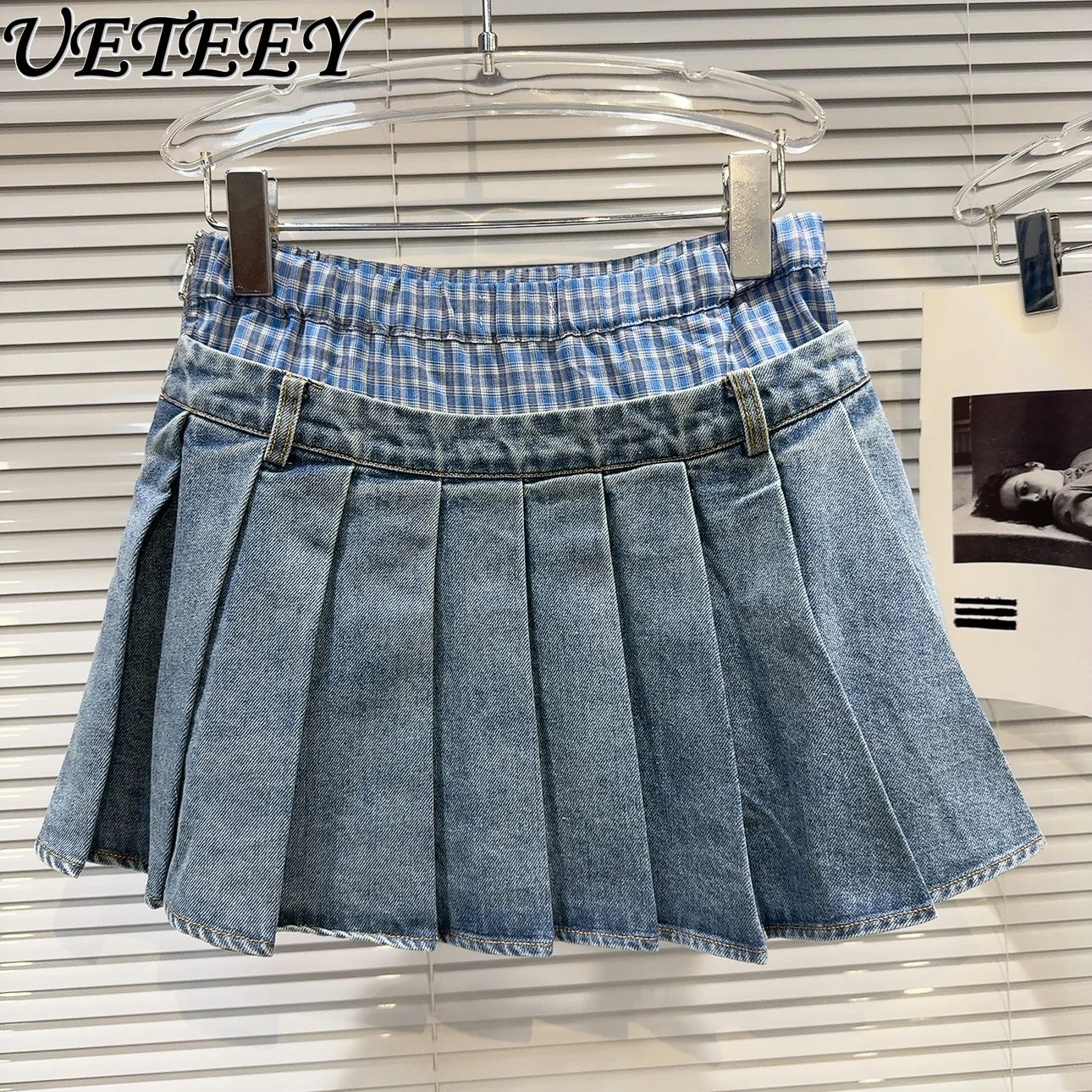 

High Waist Short Skirt Summer New Cool Contrast Color Plaid Stitching Grinding Washed Denim Pleated Mini Skirts for Women