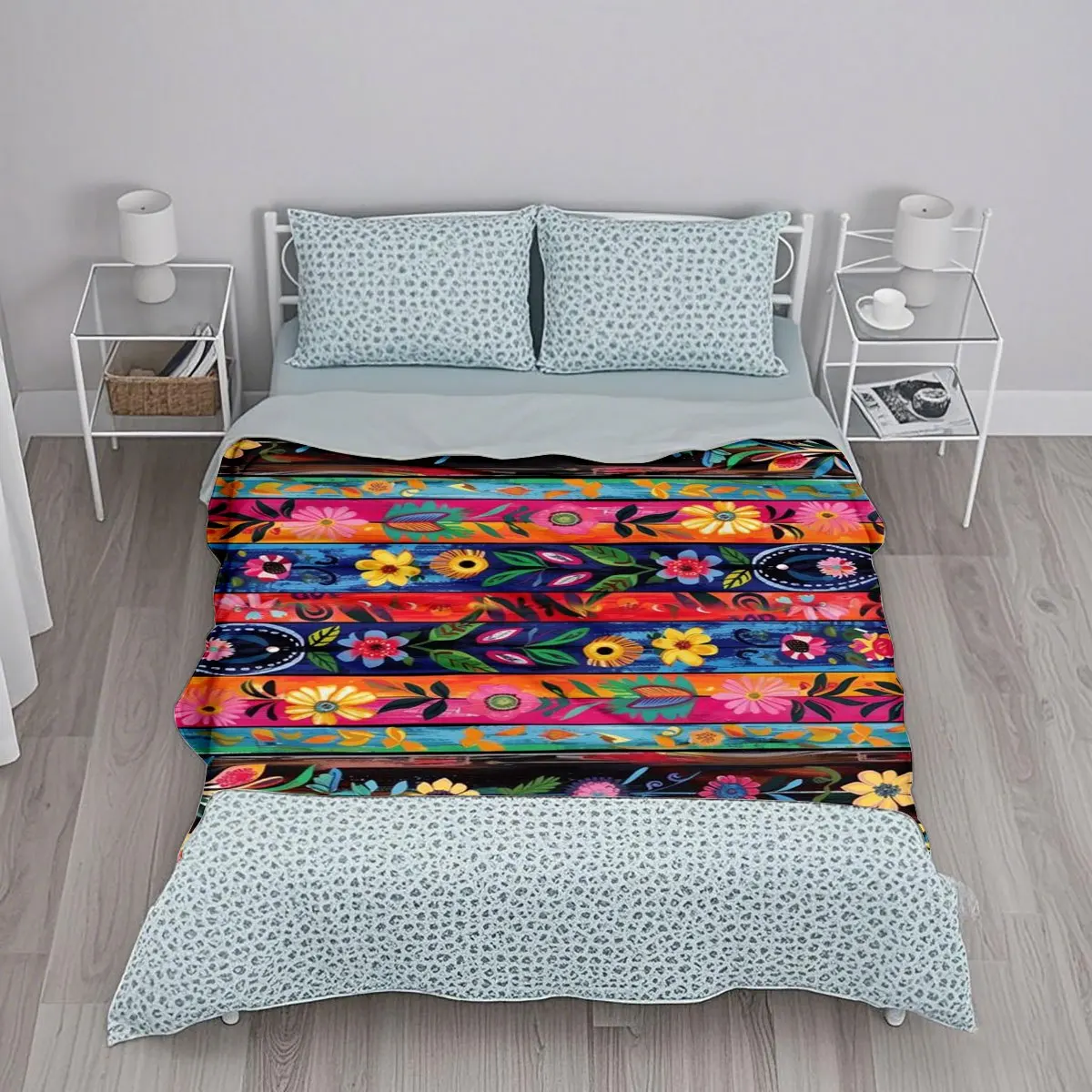 Mexican Style Colorful Floral Stripe Print Blanket 2D Digital Printing Soft Warm Thickened Flannel Blanket Four Seasons Universa