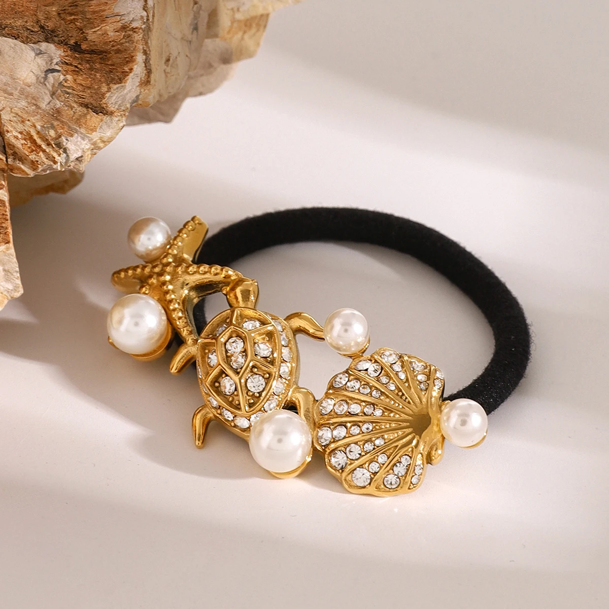 Stainless Steel 18K Gold Plated Glossy Starfish Turtle Scallops Sticky Pearl Hair Rope Black Rubber Hairbands Ponytails Buckle