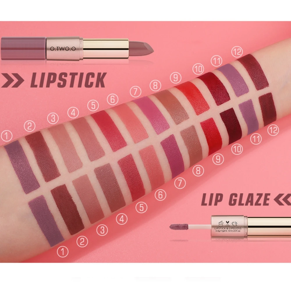 Wholesale O.TWO.O 2 IN 1 Matte Lipstick&Liquid Lipstick 12 Colors Makeup Lip Glaze Waterproof Batom Lip Gloss Tint Cosmetics