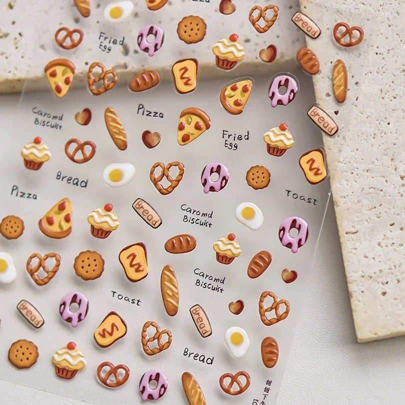 Food Bear Teddy Dog Cat Love Heart Pizza Cake Bread Cookie Cartoon Embossed Relief Self Adhesive Nail Art Sticker Manicure Decal