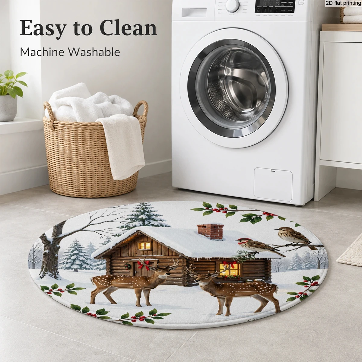 Dy8 (64) Round Small Rug with Christmas Deer, Wooden House, and Snow Scene Prints, 2D Flat Printing Technology, Soft and Skin-Friendly, Easy to Clean, Machine Washable, Non-Slip, Wear-Resistant Backing, Suitable for Bedroom, Living Room, Bathroom, Indoor Floor Decoration, Available in Multiple Sizes, Comfortable to Step on