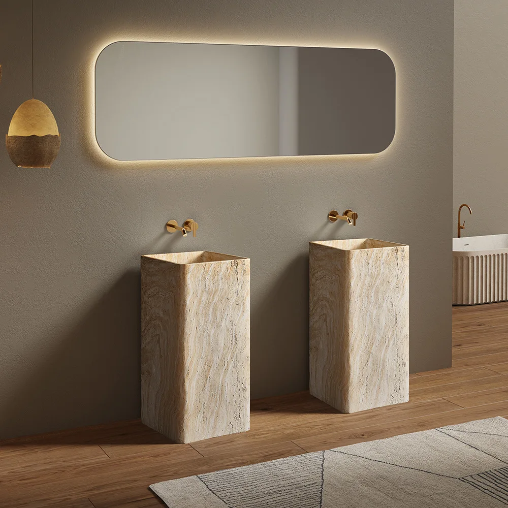 Artificial travertine minimalist column basin integrated floor imitation marble pattern face wash table designer art wash basin