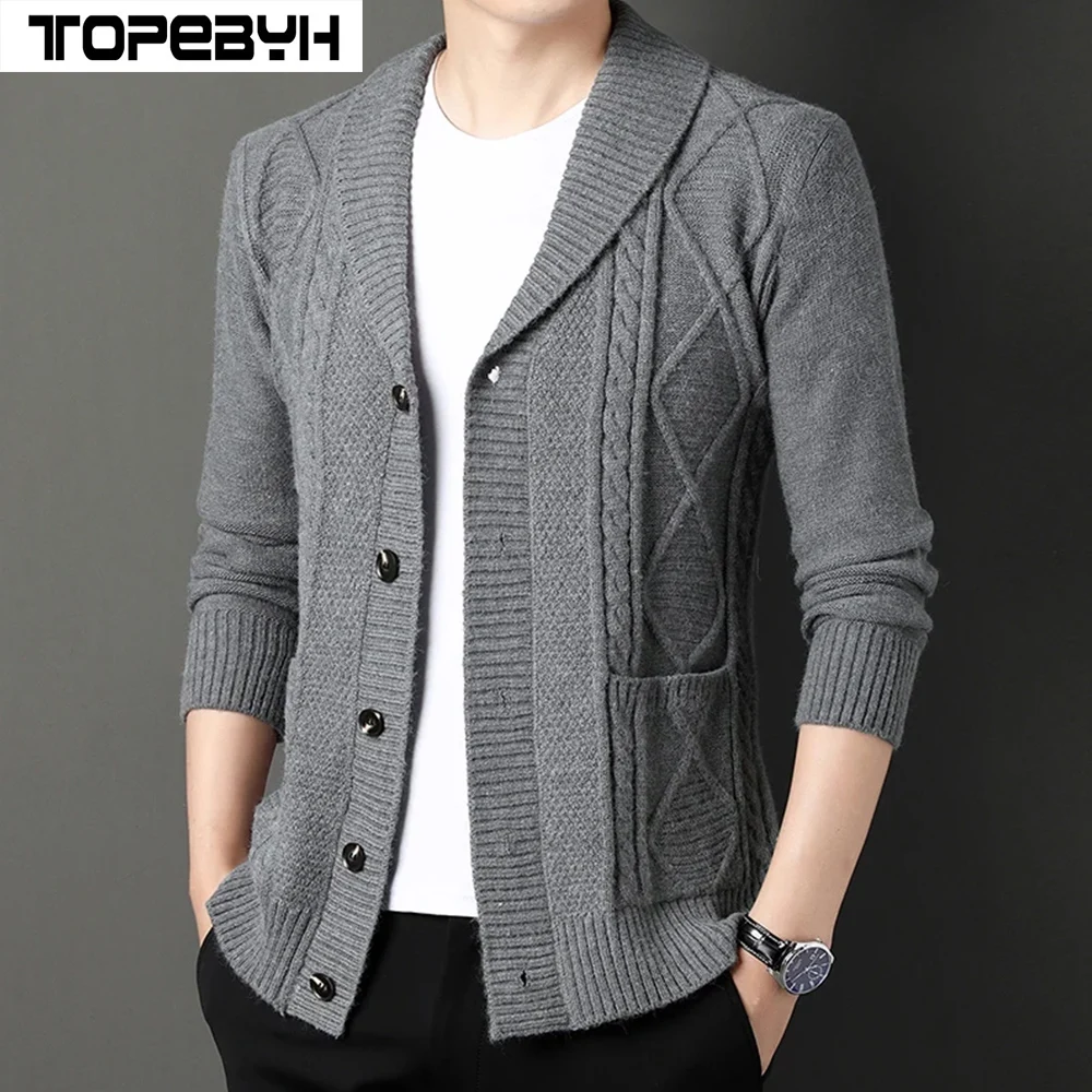 

Men's Sweater Cardigan V-neck New Diamond Knit Design Fashionable Warmth and Thickened Tops