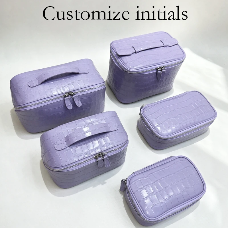 Customize initials Leather Purple Makeup Bag For Women Luxury Designer Handbag Purse 2026 New In Cowhide Jewelry Pouch Organizer